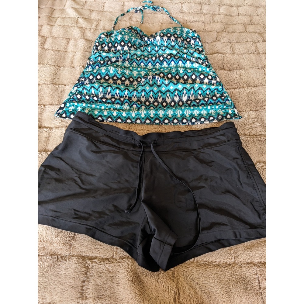 Merona Womens Tankini Swim Set Blue Geometric Halter Top Black Shorts Size L